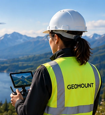 Drone operator wearing a white safety helmet and a Geomount high-visibility vest